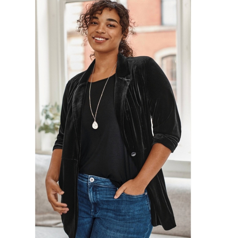 NWT! J.JILL Wearever Velvet-knit Black Stretch Classic Blazer, Size Medium